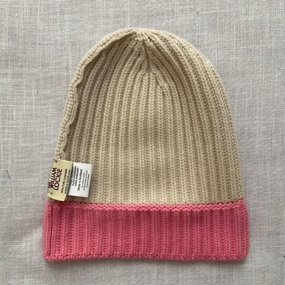 William Lockie Cashmere Cream Pink Ribbed Cuffed Beanie Hat Made in Scotland NEW - Picture 4 of 9
